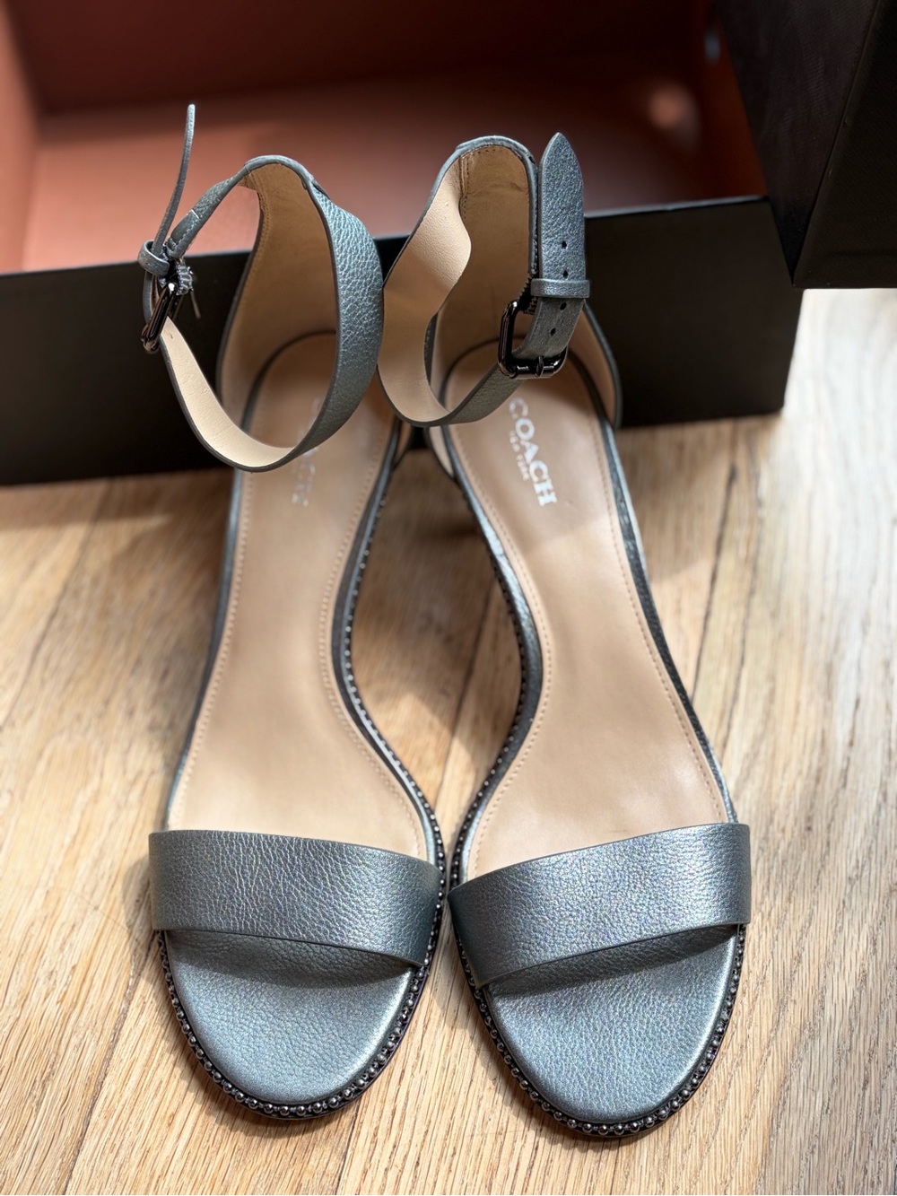 Coach Maude Metallic Soft Mill Gunmetal Leather Ankle-Strap Heels